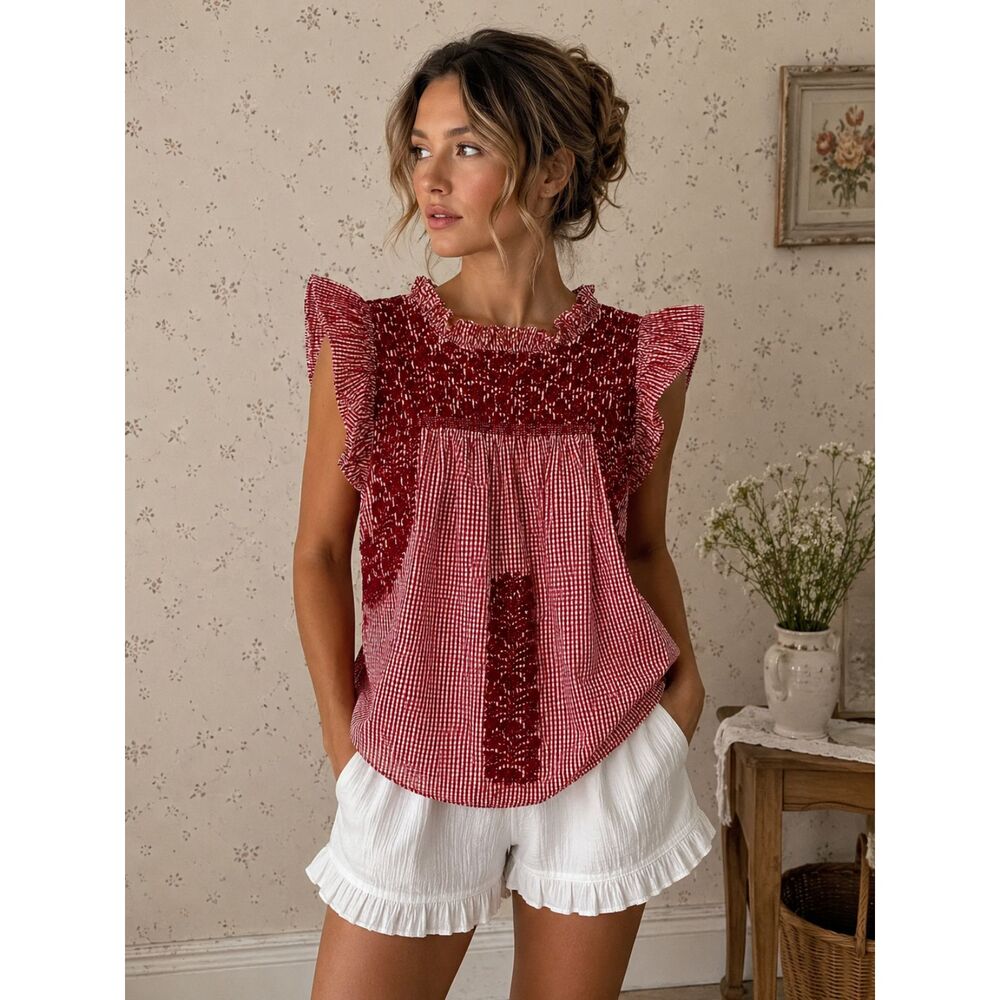 J. MARIE The Tilly Ruffle Neck Blouse - Cottage Core Gingham Ruched Red White S